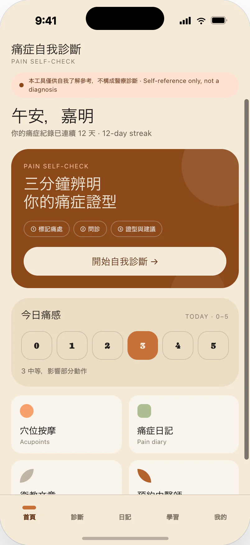 Mobile pain self-check app with bilingual guidance and symptom tracking