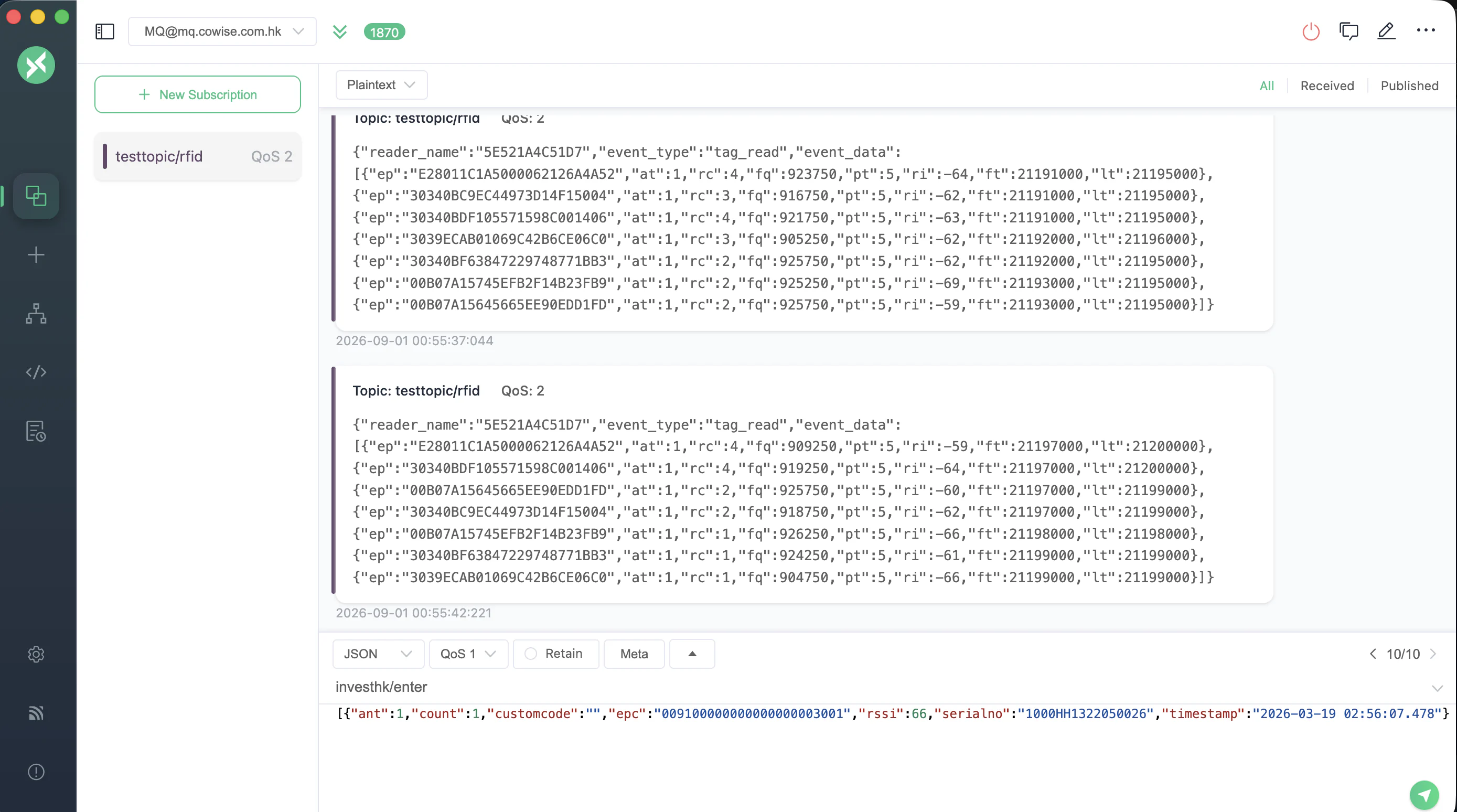 MQTT client receiving live RFID tag-read events as JSON messages